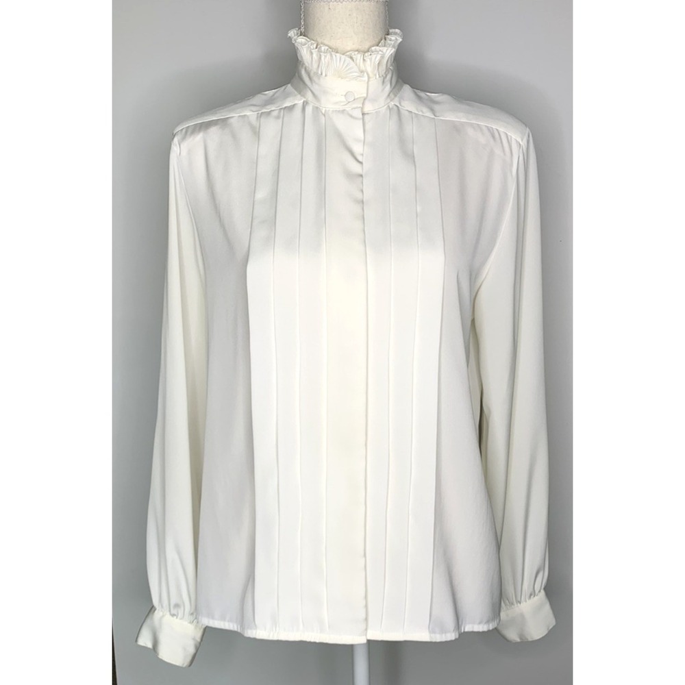 Vintage Alexandria Women's 70s 80s White Elegant Classy Blouse Ruffle Neck Sz 6